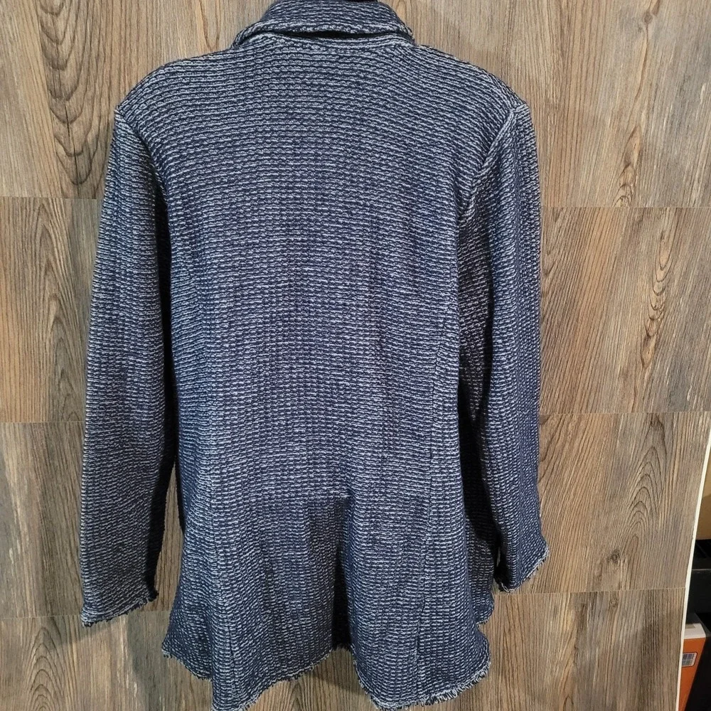 Chico's Double Breasted Jacket Size 3/XL Blue Faux-Tweed Knit Frayed Edge Office
